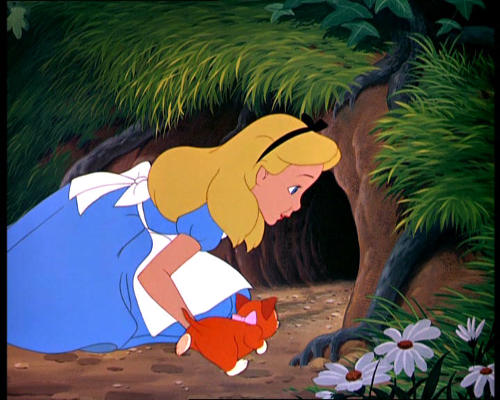 Alice in front of the rabbit hole