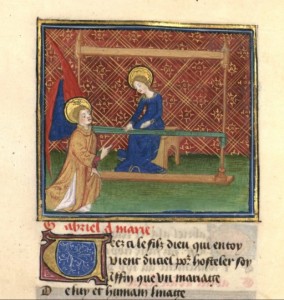Annunciation, Pilgrimage of the Heart (BNF Fr. 376, fol. 116v), second quarter of the 15th century