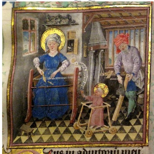 The Holy Family at work, The Hours of Catherine of Cleves (PML M.917, fol. 149), c. 1440 - full