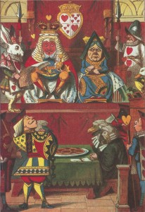 King and Queen of Hearts in court, colored