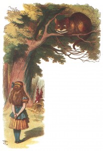 Alice looking at the Cheshire Cat, colored
