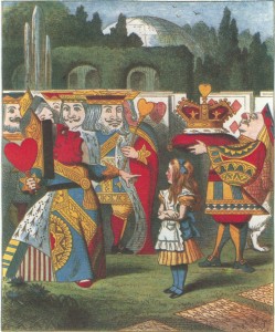 Queen of Hearts shouting at Alice, colored