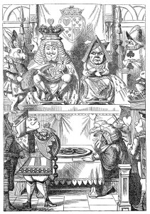King and Queen of Hearts sitting on their throne in court - Frontispiece