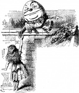 Humpty Dumpty offering Alice his hand - Chapter 6