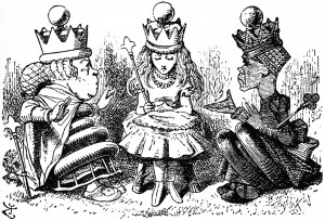 White Queen and Red Queen sitting with Alice - Chapter 9