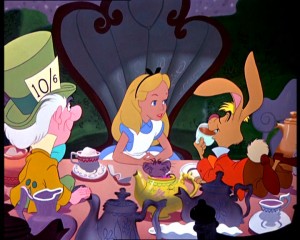 Alice talking to the Mad Hatter and March Hare