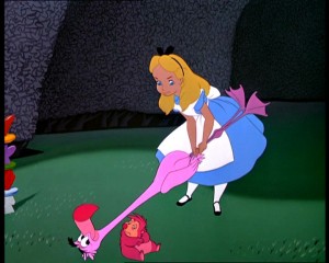 Alice playing croquet with a flamingo