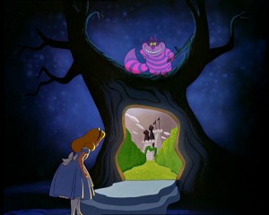 Alice looking at the door in a tree the Cheshire Cat opened