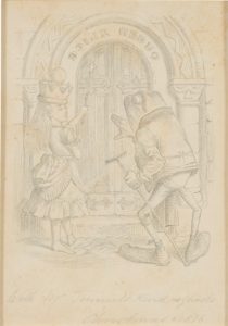 Queen Alice with frog, pencil drawing by John Tenniel